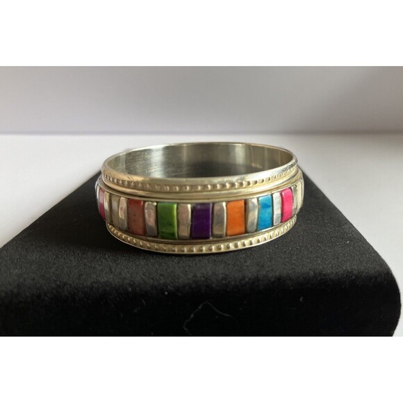Brass Bangle Bracelet Enamel Colorful Stones 2.75" Wide - Picture 2 of 7